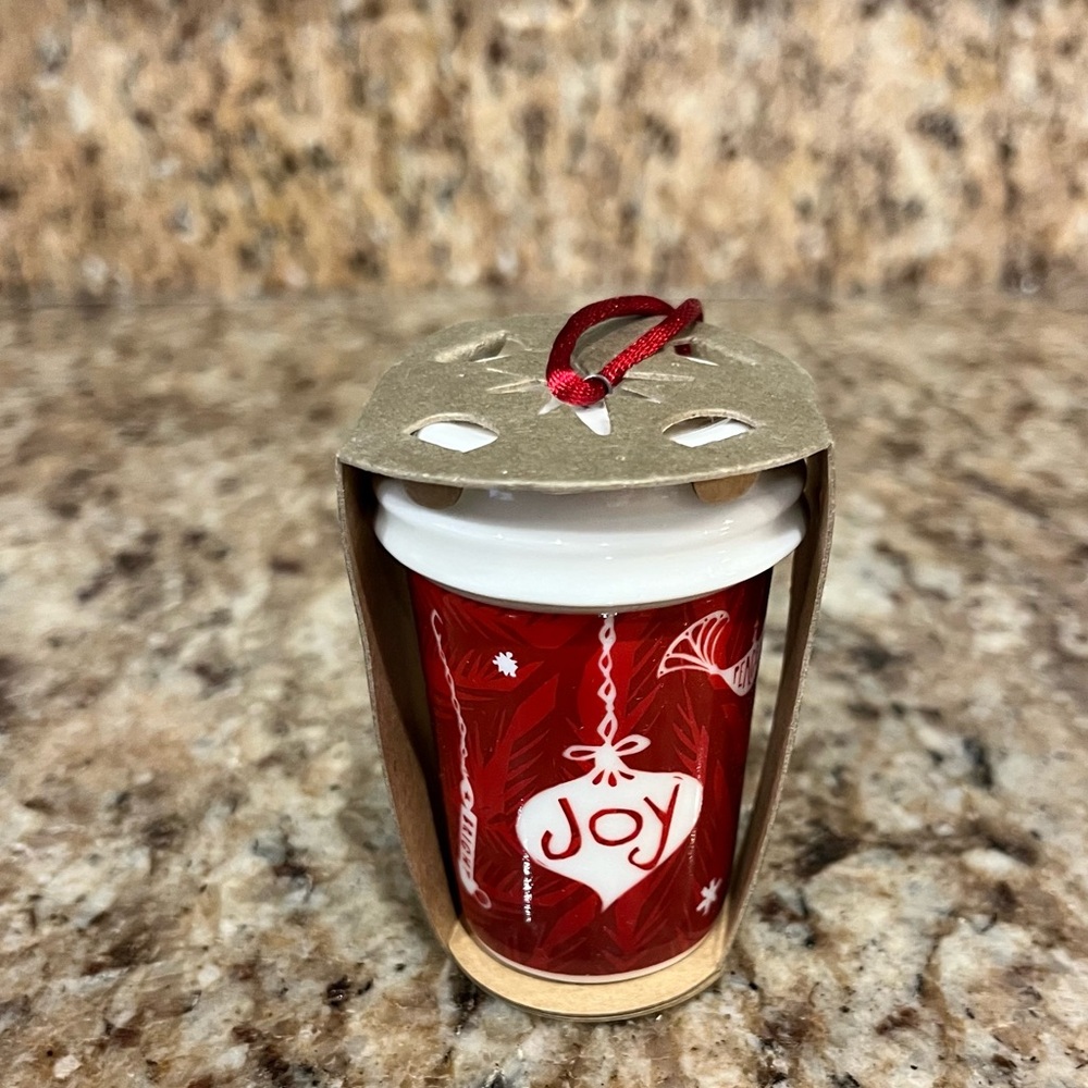NWT Starbucks Red Ceramic Joy Holiday Christmas Tree Ornament Coffee Gift